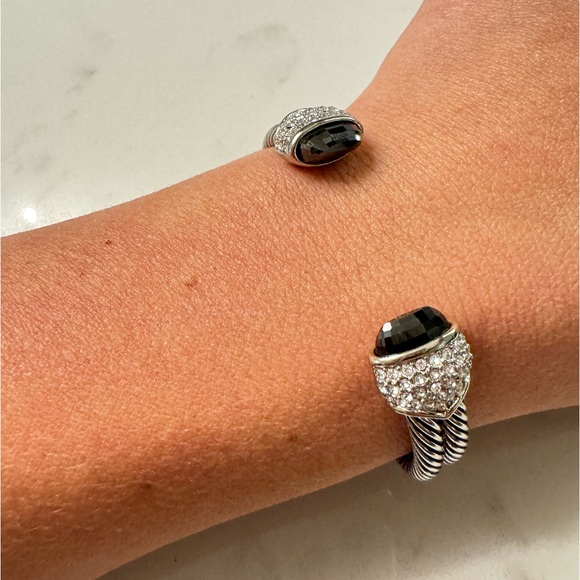 Cable Cuff Bracelet with Black Crystals and CZ, Silver Tone Adjustable Open Cuff - Picture 13 of 16